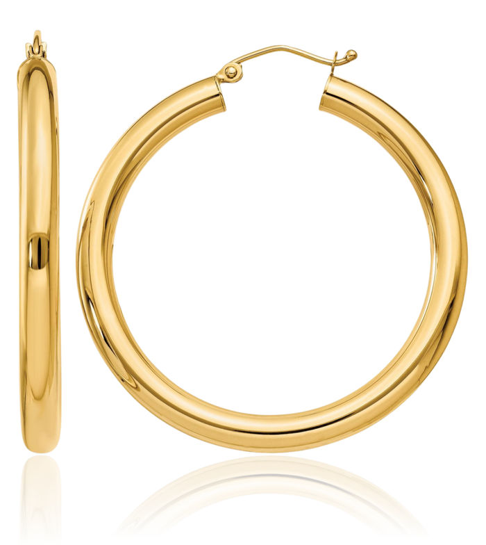 14K Solid Yellow Gold 4mm Tube Round Large Hoop Earrings