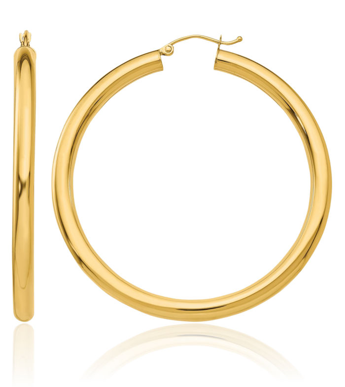 14K Solid Yellow Gold 4mm Tube Round Large Hoop Earrings