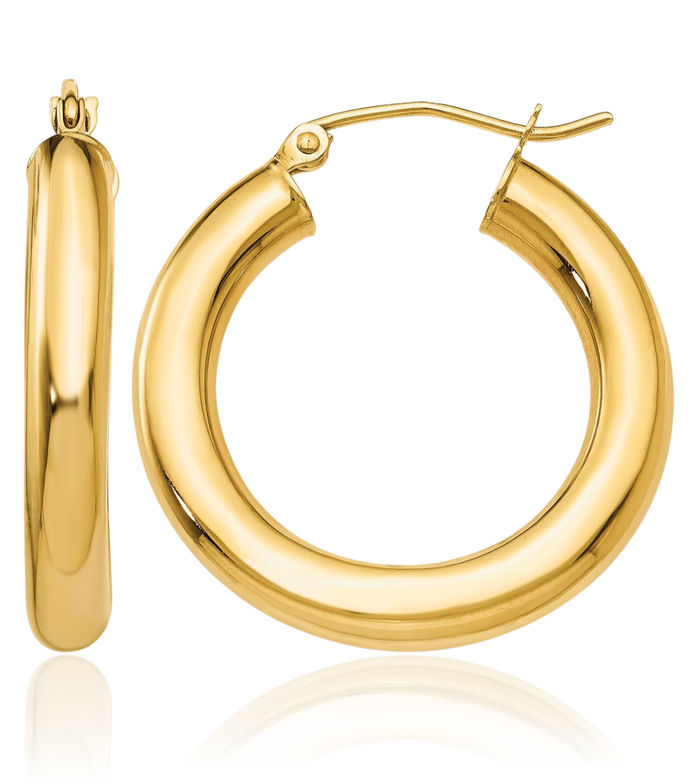 14K Solid Yellow Gold 4mm Tube Round Medium Hoop Earrings