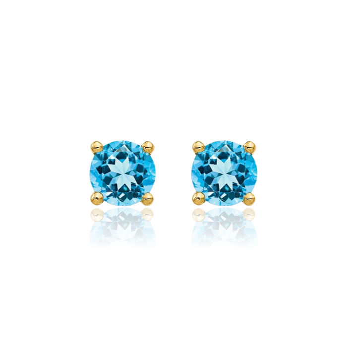 14K Solid Yellow Gold 4mm Swiss Blue Topaz Studs Gemstone Solitaire Earrings December Birthstone Jewelry