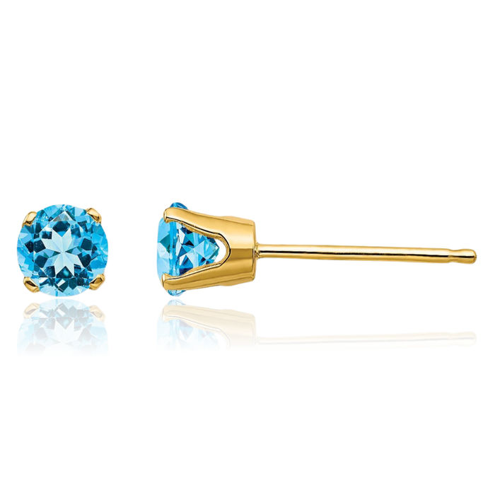 14K Solid Yellow Gold 4mm Swiss Blue Topaz Studs Gemstone Solitaire Earrings December Birthstone Jewelry