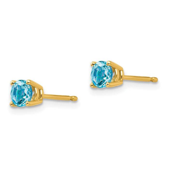 14K Solid Yellow Gold 4mm Swiss Blue Topaz Studs Gemstone Solitaire Earrings December Birthstone Jewelry