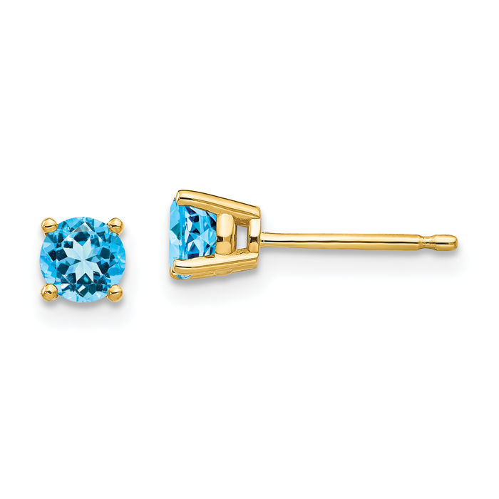 14K Solid Yellow Gold 4mm Swiss Blue Topaz Studs Gemstone Solitaire Earrings December Birthstone Jewelry