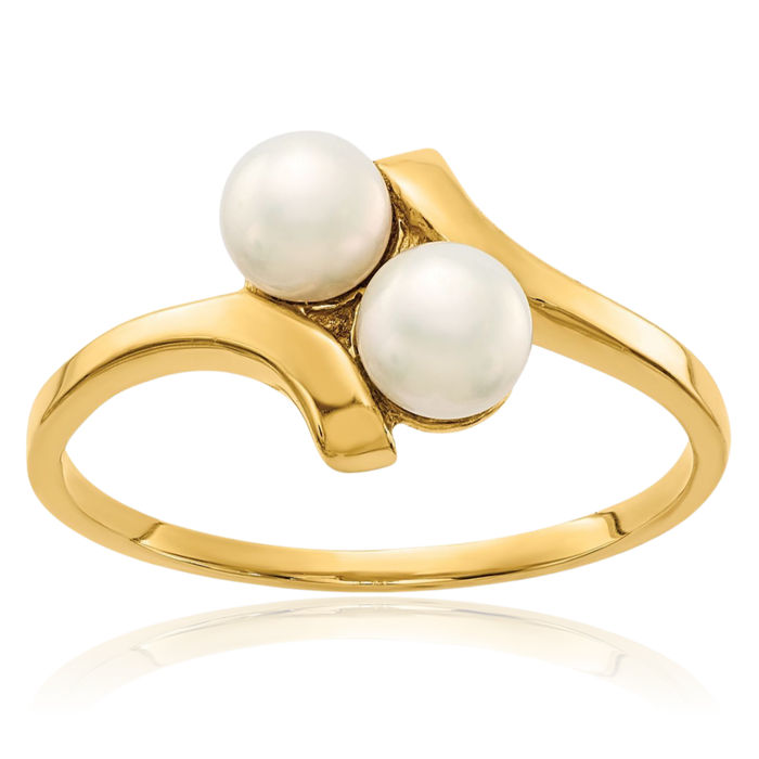 14K Solid Yellow Gold 4mm White Button Freshwater Cultured 2 Pearl Statement Ring