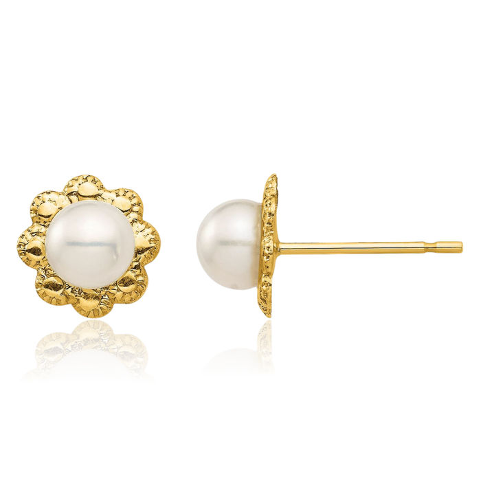 14K Solid Yellow Gold 4mm White Button Freshwater Cultured Pearl Flower Stud Earrings Silicone Backs