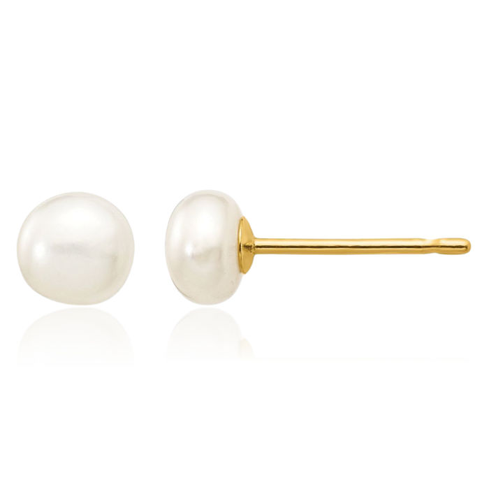 14K Solid Yellow Gold 4mm White Button Freshwater Cultured Pearl Stud Earrings