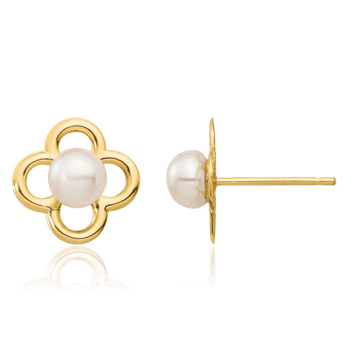 14K Solid Yellow Gold 4mm White Button Freshwater Cultured Pearl Stud Earrings Silicone Backs