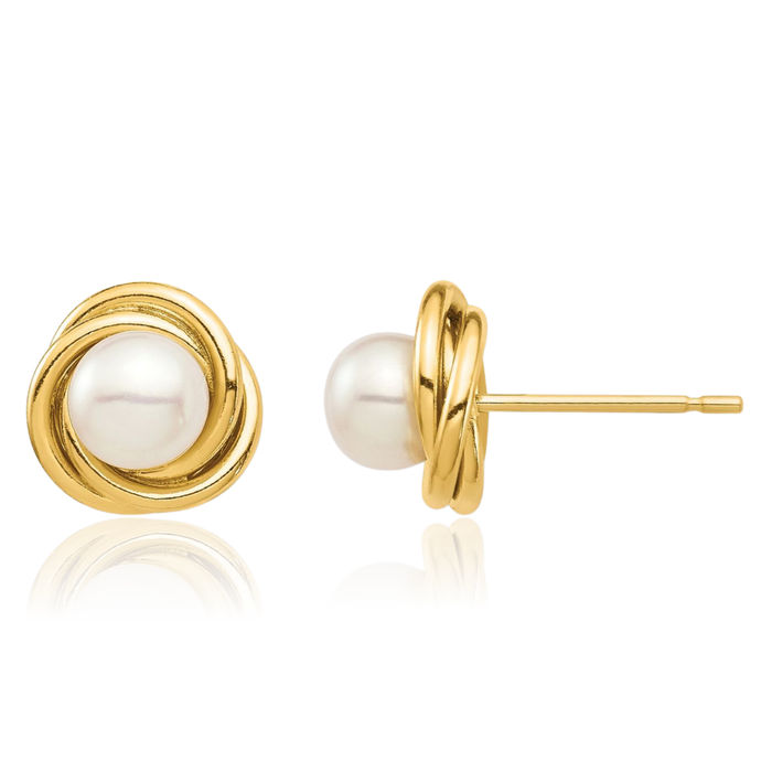 14K Solid Yellow Gold 4mm White Button Freshwater Cultured Pearl Stud Earrings Silicone Backs