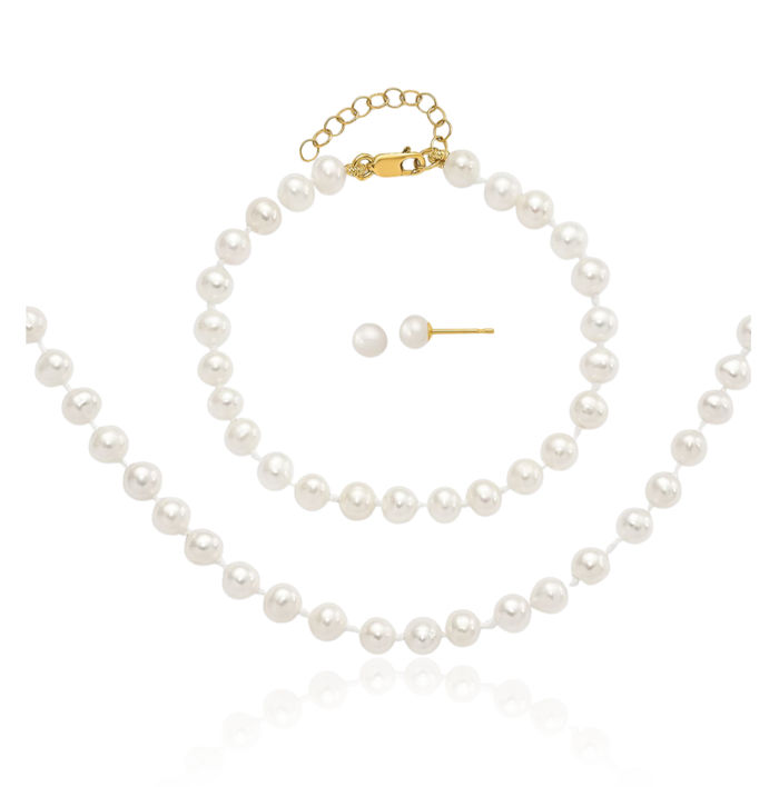 14K Solid Yellow Gold 4mm White Freshwater Cultured Pearl Bracelet Necklace Stud Earrings Set