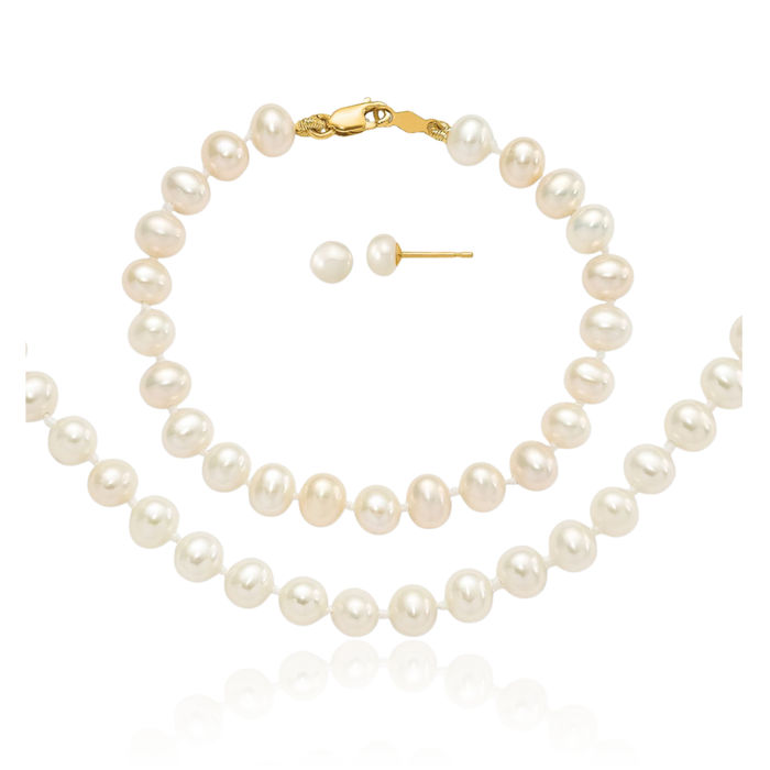 14K Solid Yellow Gold 4mm White Freshwater Cultured Pearl Necklace Bracelet Stud Earrings Set