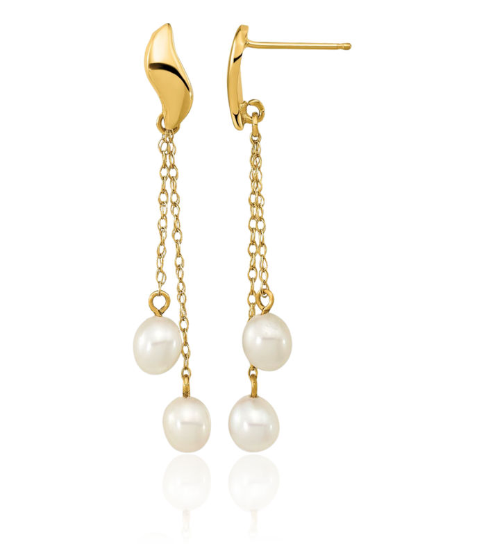 14K Solid Yellow Gold 4mm White Rice Freshwater Cultured Pearl Post Drop Dangle Earrings