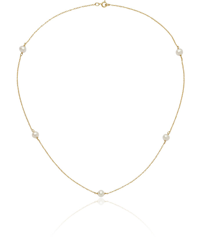 14K Solid Yellow Gold 4mm White Round Freshwater Cultured Pearl 5 Station 15.25 inch Chain Necklace