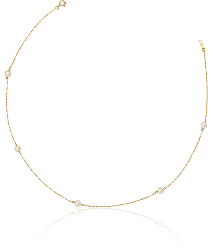 14K Solid Yellow Gold 4mm White Round Freshwater Cultured Pearl 5 Station 15.25 inch Chain Necklace