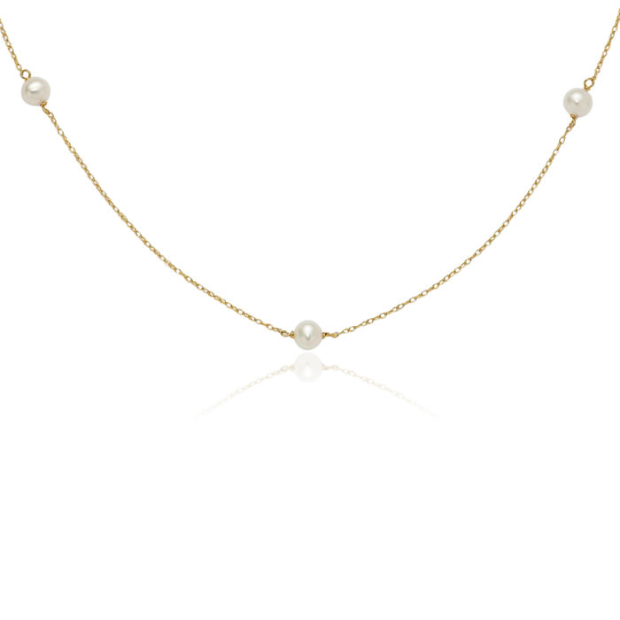 14K Solid Yellow Gold 4mm White Round Freshwater Cultured Pearl 5 Station 15.25 inch Chain Necklace