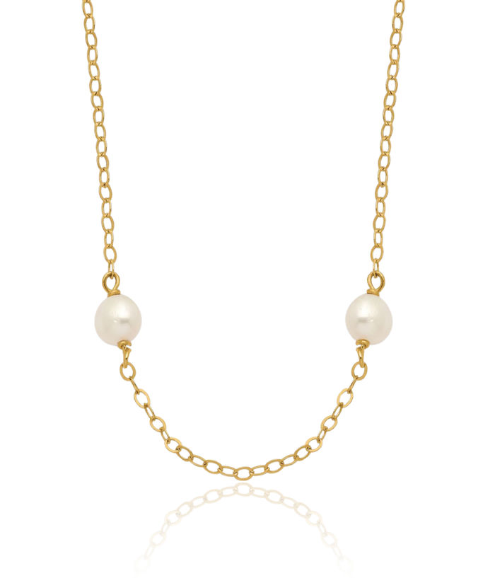 14K Solid Yellow Gold 4mm White Near Round Freshwater Cultured Pearl 8 Station Necklace Chain