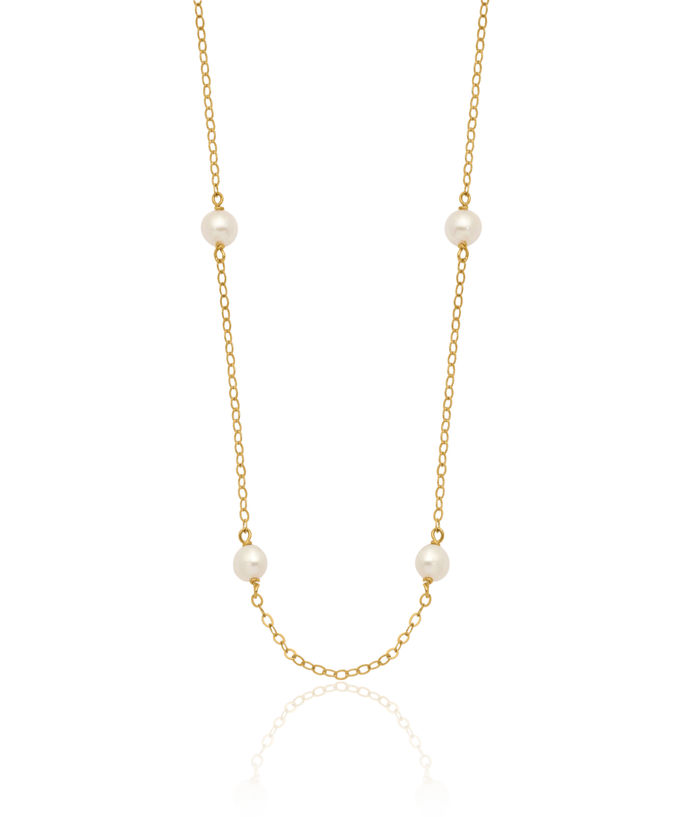 14K Solid Yellow Gold 4mm White Near Round Freshwater Cultured Pearl 8 Station Necklace Chain