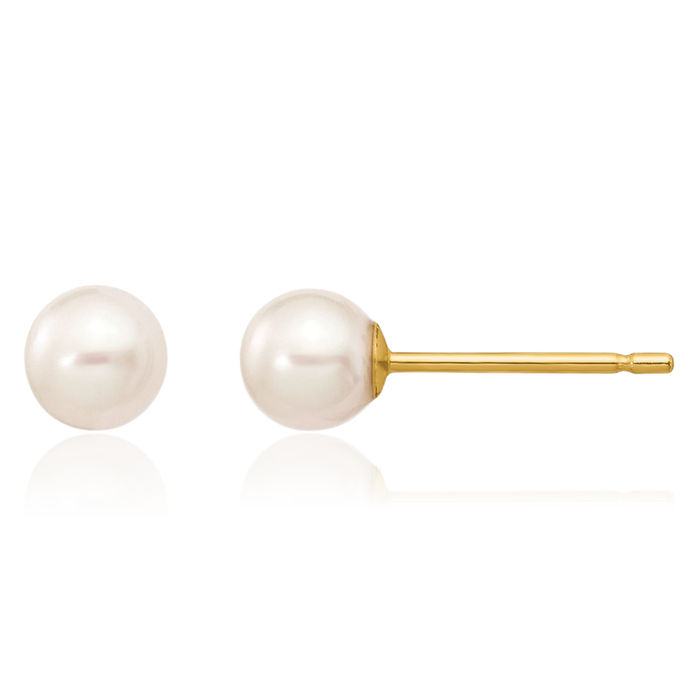 14K Solid Yellow Gold 4mm White Round Freshwater Cultured Pearl Stud Earrings