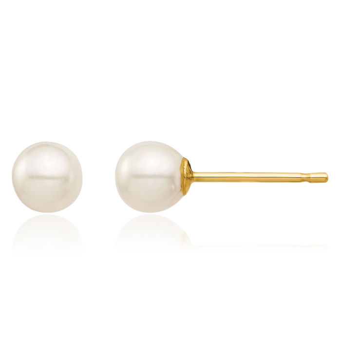 14K Solid Yellow Gold 4mm White Round Freshwater Cultured Pearl Stud Earrings Silicone Backs