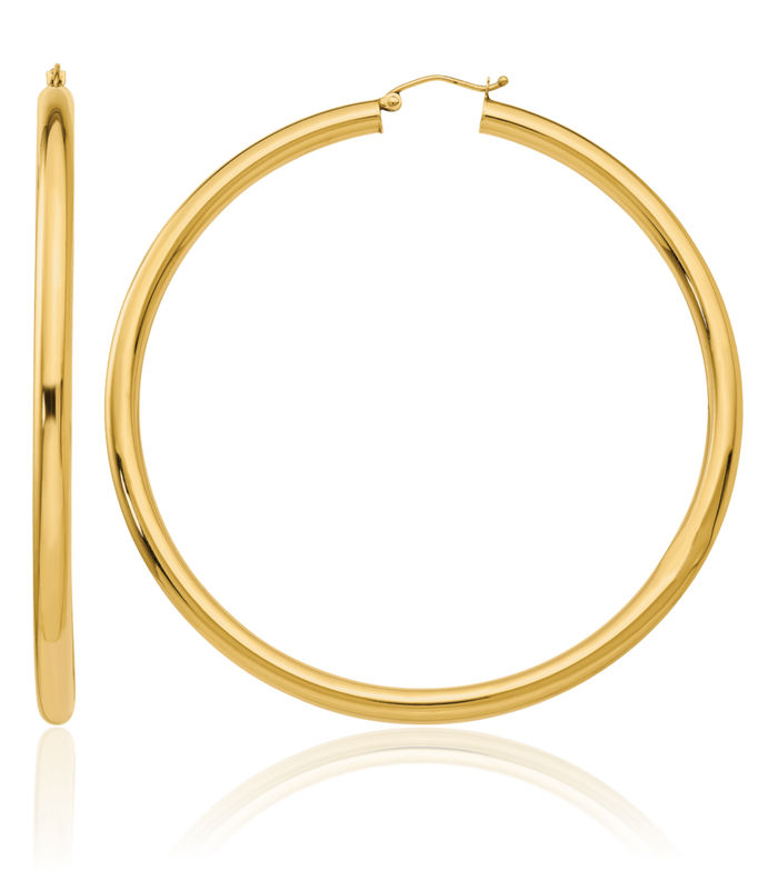 14K Solid Yellow Gold 4x70mm Round Tube Large Hoop Earrings