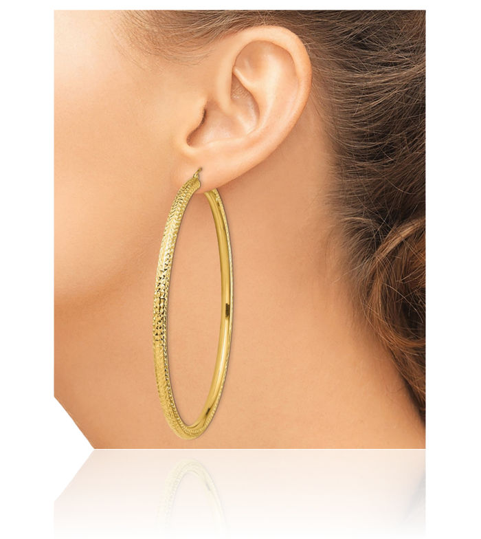 14K Solid Yellow Gold 4x80mm Round Tube Extra Large Hoop Earrings