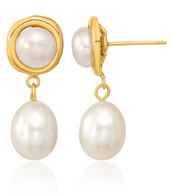 14K Solid Yellow Gold 5 7mm White Button Rice Freshwater Cultured Pearl Post Drop Dangle Earrings