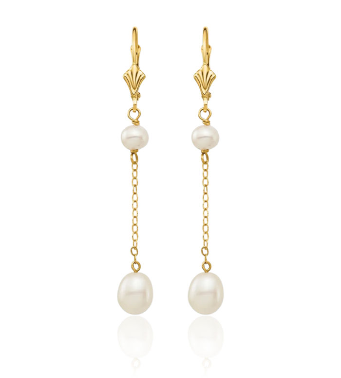 14K Solid Yellow Gold 5 7mm White Rice Round Freshwater Cultured Pearl Drop Dangle Earrings Gemstone