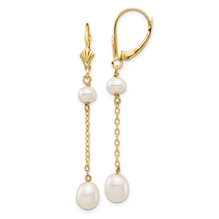 14K Solid Yellow Gold 5 7mm White Rice Round Freshwater Cultured Pearl Drop Dangle Earrings Gemstone