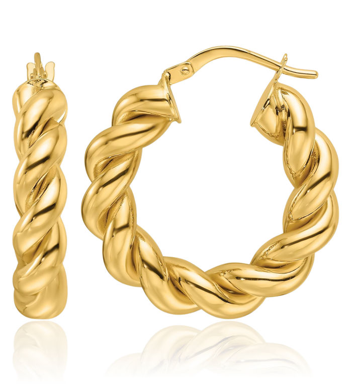 14K Solid Yellow Gold 5.3mm Twisted Round Medium Hoop Earrings