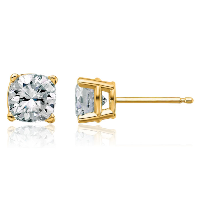 14K Solid Yellow Gold 5.5mm Cushion-Cut Solitaire Moissanite Stud Earrings