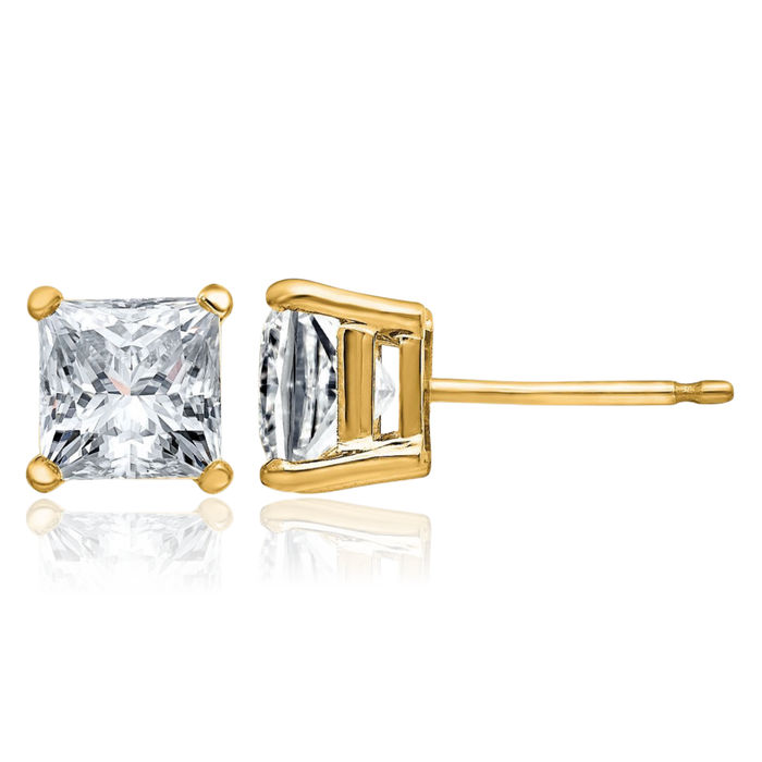 14K Solid Yellow Gold 5.5mm Princess-Cut Square Solitaire Moissanite Stud Earrings