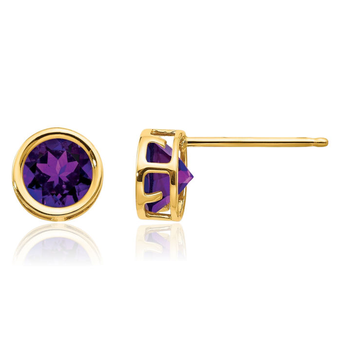 14K Solid Yellow Gold 5mm Purple Amethyst Studs Gemstone Solitaire Earrings February Birthstone Jewelry