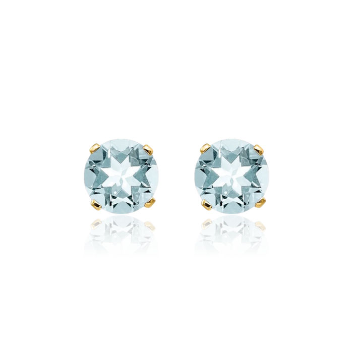 14K Solid Yellow Gold 5mm Blue Aquamarine Studs Gemstone Solitaire Earrings March Birthstone Jewelry