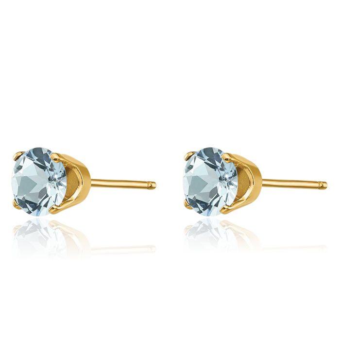 14K Solid Yellow Gold 5mm Blue Aquamarine Studs Gemstone Solitaire Earrings March Birthstone Jewelry