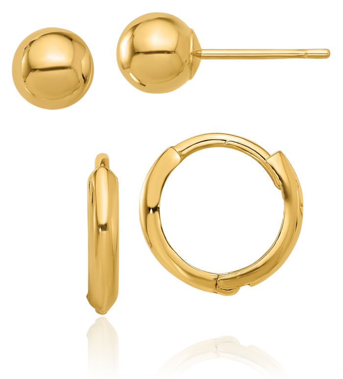 14K Solid Yellow Gold 5mm Ball Hoop Stud Earrings Set