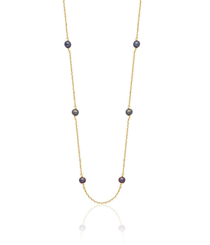 14K Solid Yellow Gold 5mm Black Near Round Freshwater Cultured Pearl 9 Station Necklace Chain