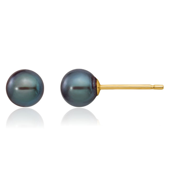 14K Solid Yellow Gold 5mm Black Round Freshwater Cultured Pearl Stud Earrings