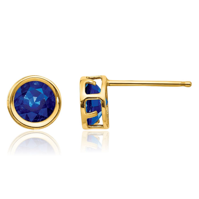 14K Solid Yellow Gold 5mm Blue Sapphire Studs Gemstone Solitaire Earrings September Birthstone Jewelry