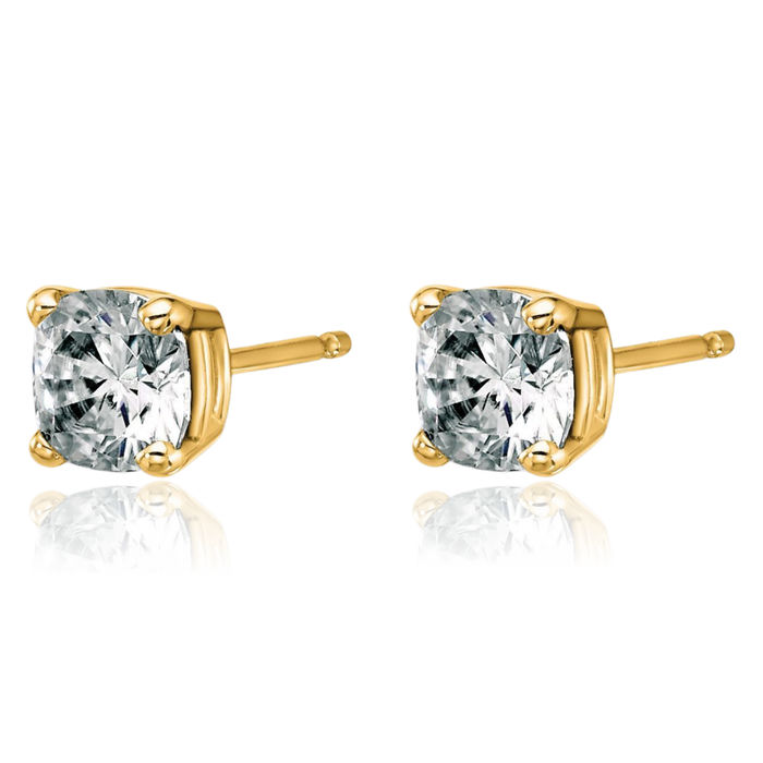 14K Solid Yellow Gold 5mm Cushion-Cut Solitaire Moissanite Stud Earrings