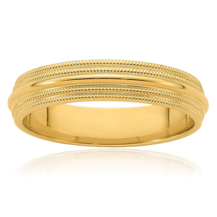 14K Solid Yellow Gold 5mm Double Milgrain Comfort Fit Plain Classic Wedding Band Ring