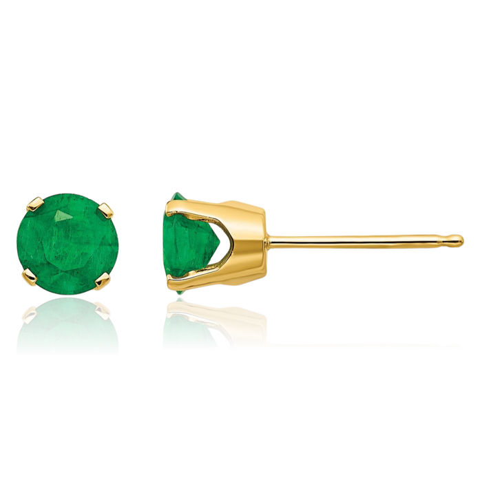 14K Solid Yellow Gold 5mm Green Emerald Studs Gemstone Solitaire Earrings May Birthstone Jewelry