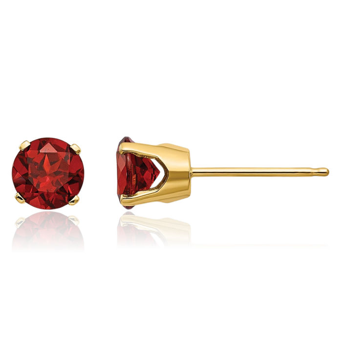 14K Solid Yellow Gold 5mm Red Garnet Studs Gemstone Solitaire Earrings January Birthstone Jewelry