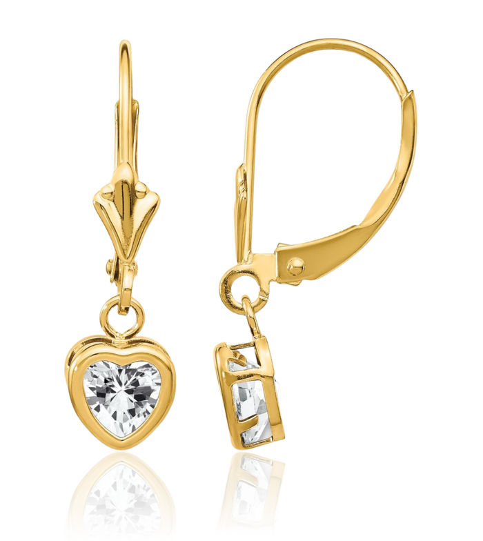 14K Solid Yellow Gold 5mm Heart Cubic Zirconia CZ Drop Dangle Earrings Gemstone