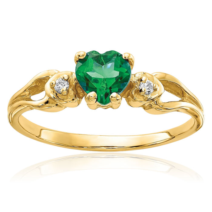 14K Solid Yellow Gold 5mm Heart Green Emerald Diamond Ring Gemstone Band May Birthstone Jewelry