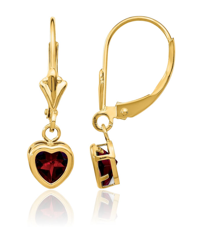 14K Solid Yellow Gold 5mm Heart Red Garnet Drop Dangle Earrings Gemstone January Birthstone Jewelry