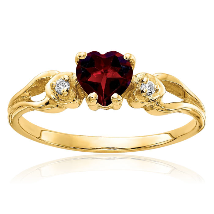 14K Solid Yellow Gold 5mm Heart Red Garnet Diamond Ring Gemstone Band January Birthstone Jewelry