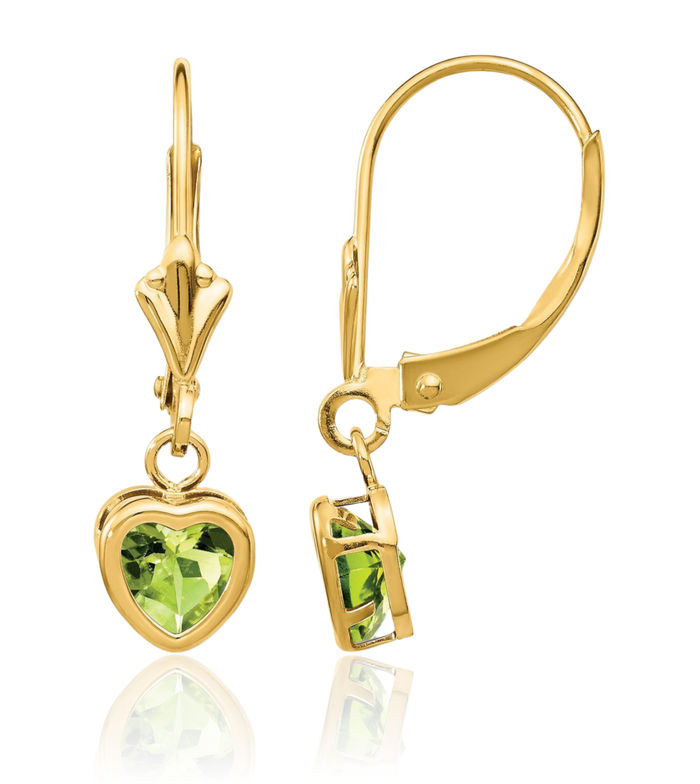 14K Solid Yellow Gold 5mm Heart Green Peridot Drop Dangle Earrings Gemstone