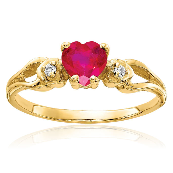 14K Solid Yellow Gold 5mm Heart Red Ruby Diamond Ring Gemstone Band July Birthstone Jewelry