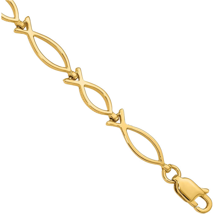 14K Solid Yellow Gold 5mm Religious Icthus Ichthus Fish Symbol Chain Charm Bracelet