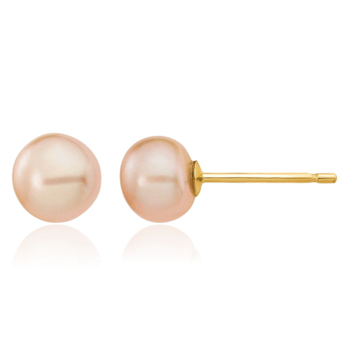 14K Solid Yellow Gold 5mm Pink Button Freshwater Cultured Pearl Stud Earrings