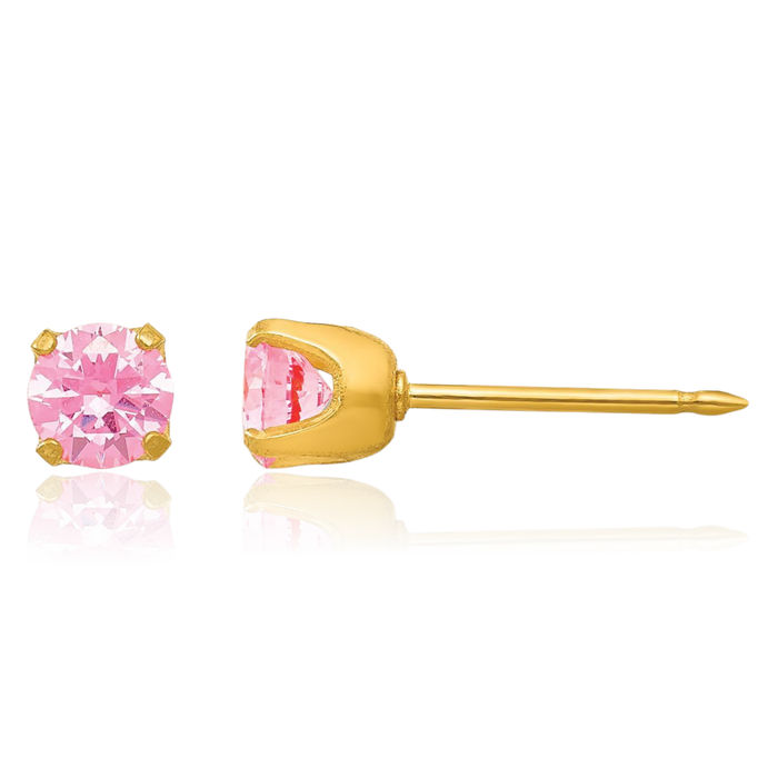 14K Solid Yellow Gold 5mm Pink Cubic Zirconia CZ Stud Earrings